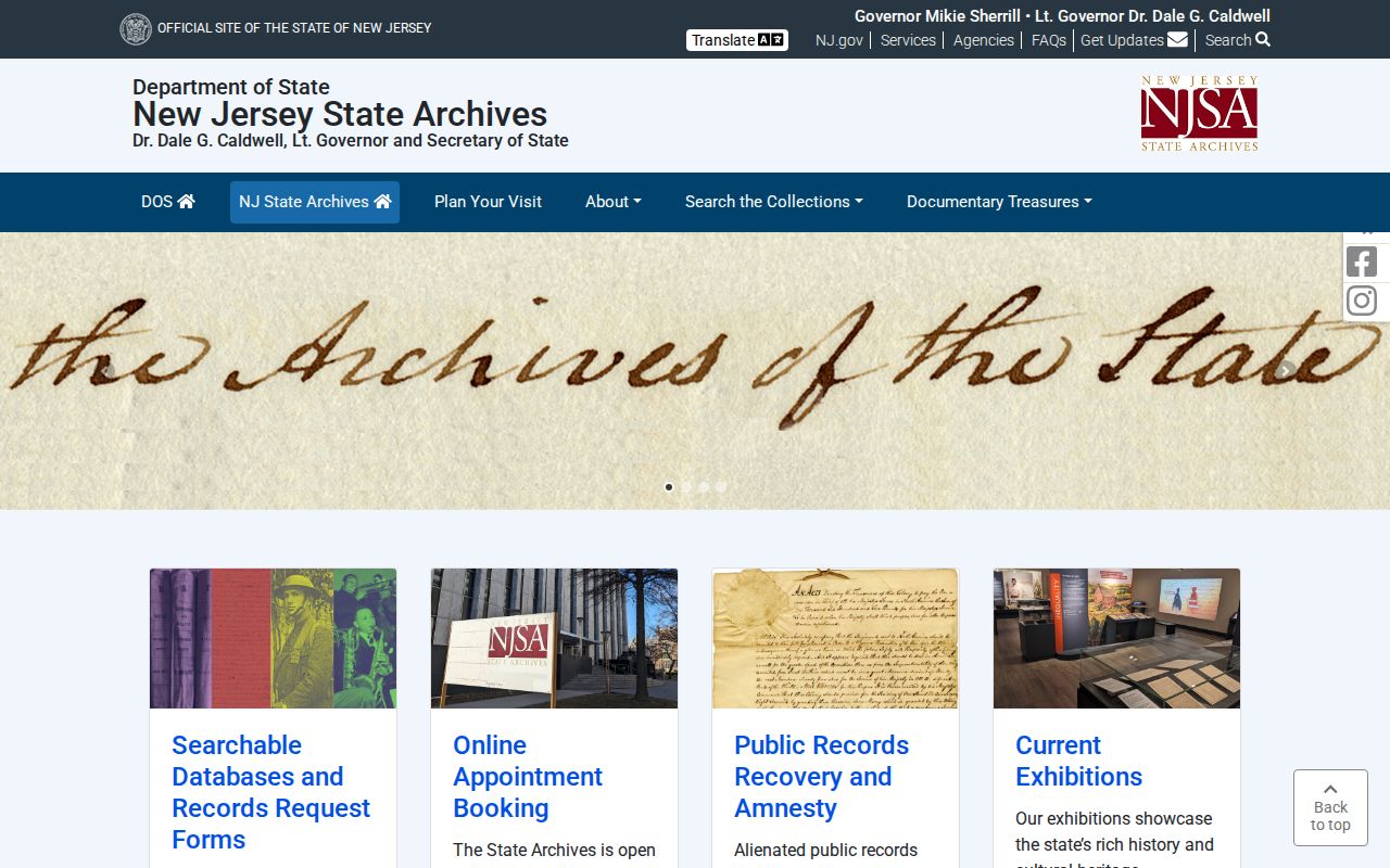 New Jersey State Archives research access page for historic records