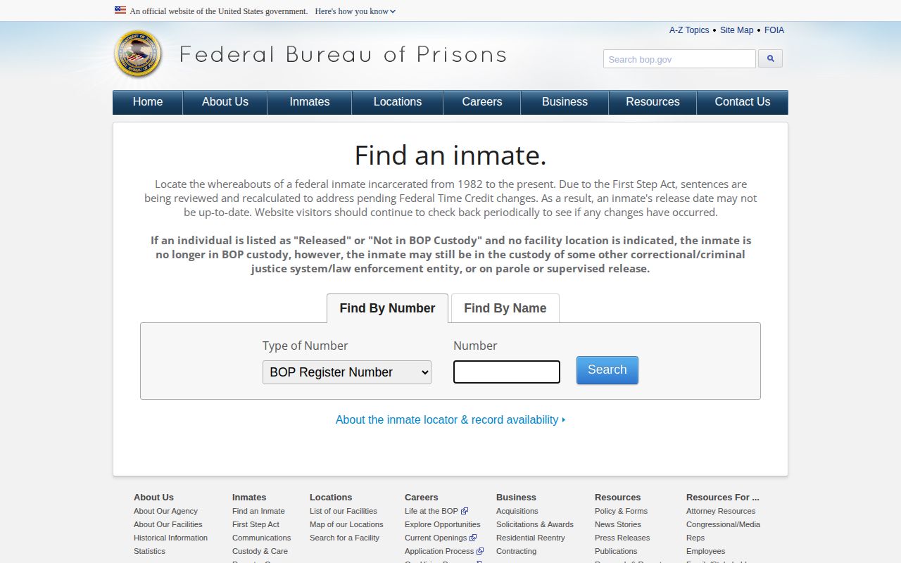 Federal Bureau of Prisons inmate locator with text-only custody details