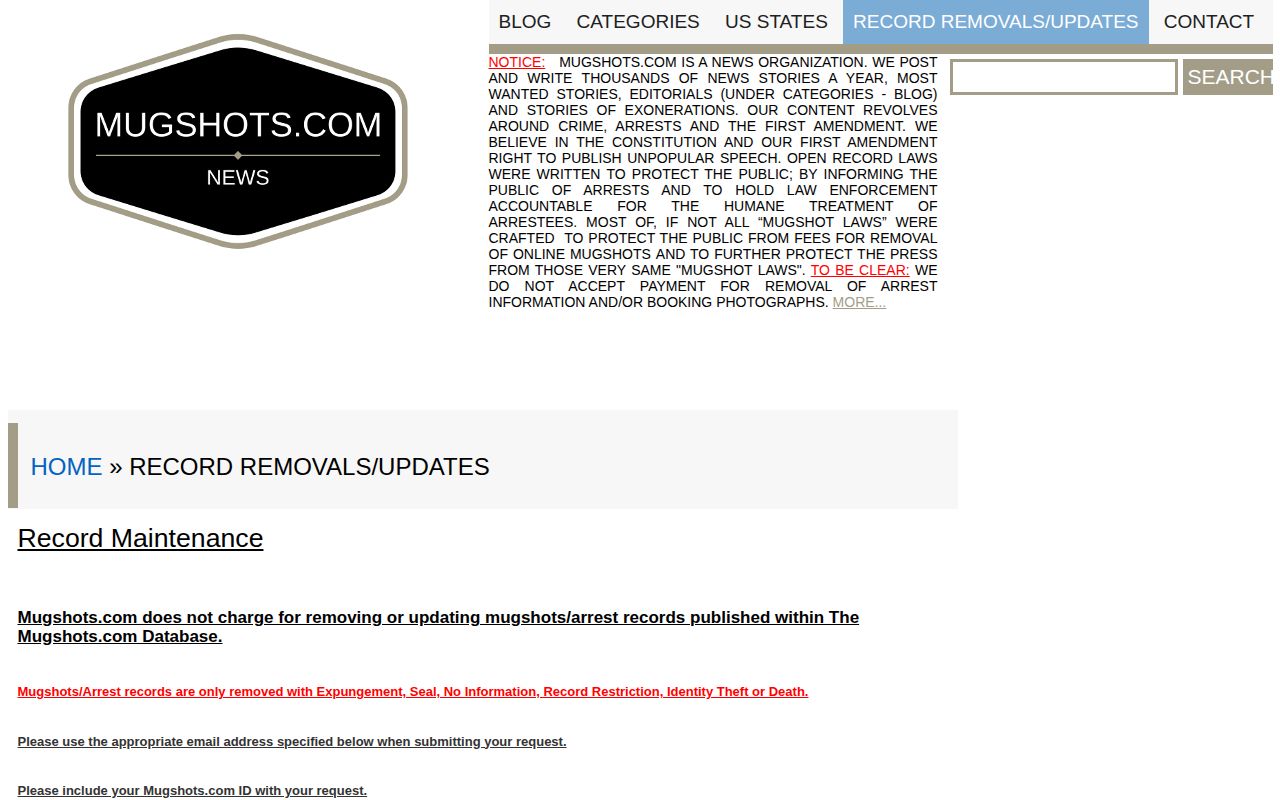 Mugshots.com free record-maintenance policy for documented legal outcomes