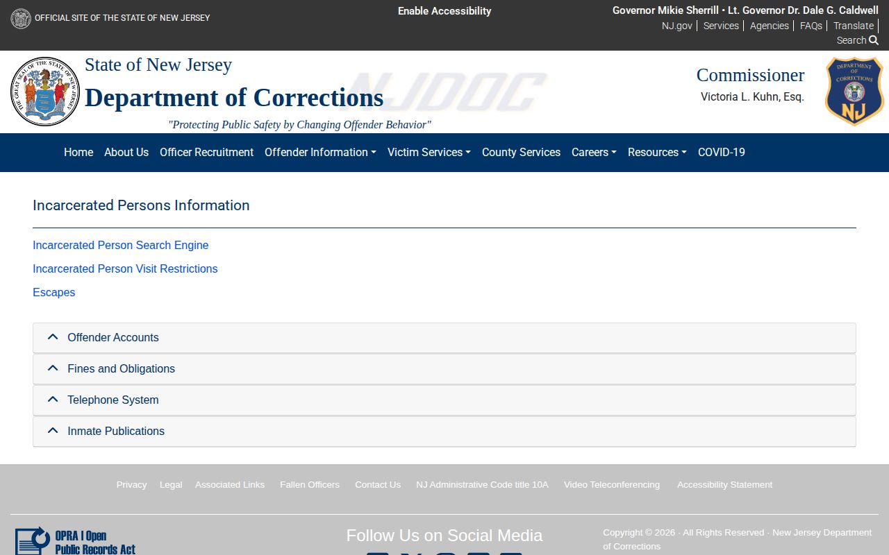 New Jersey NJDOC Offender Information screen with the incarcerated person search link