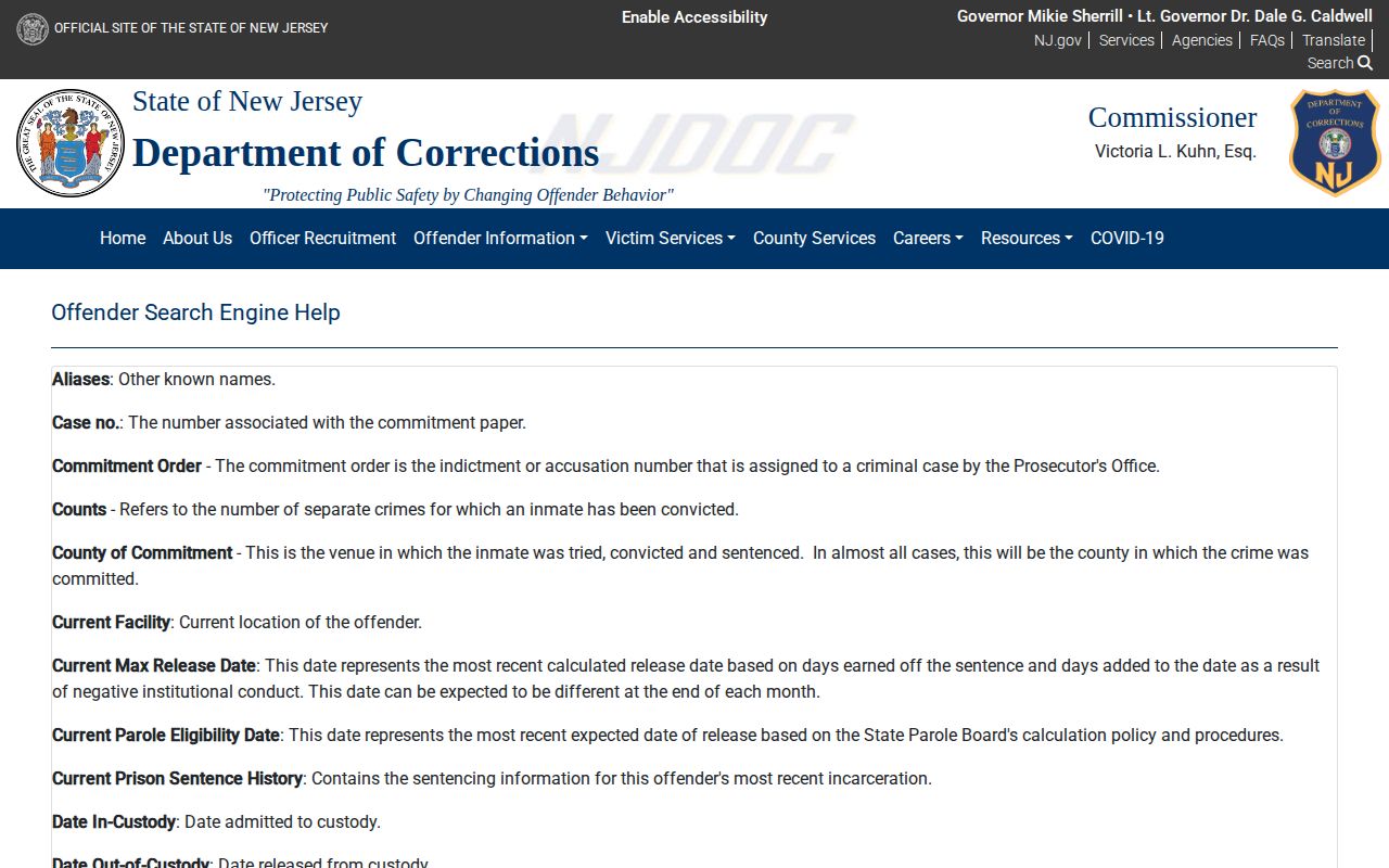 NJDOC offender profile field definitions for New Jersey state custody records