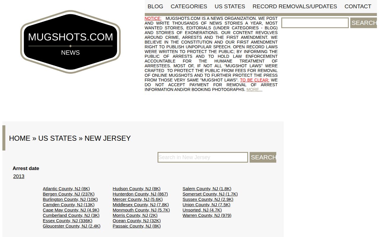 Mugshots.com New Jersey historical index presented as a secondary record source