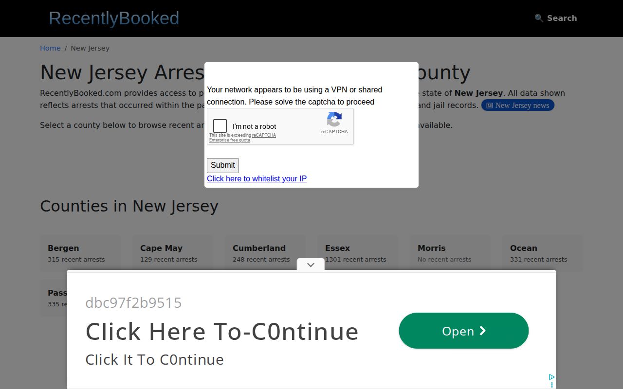 RecentlyBooked New Jersey state navigation showing secondary county coverage